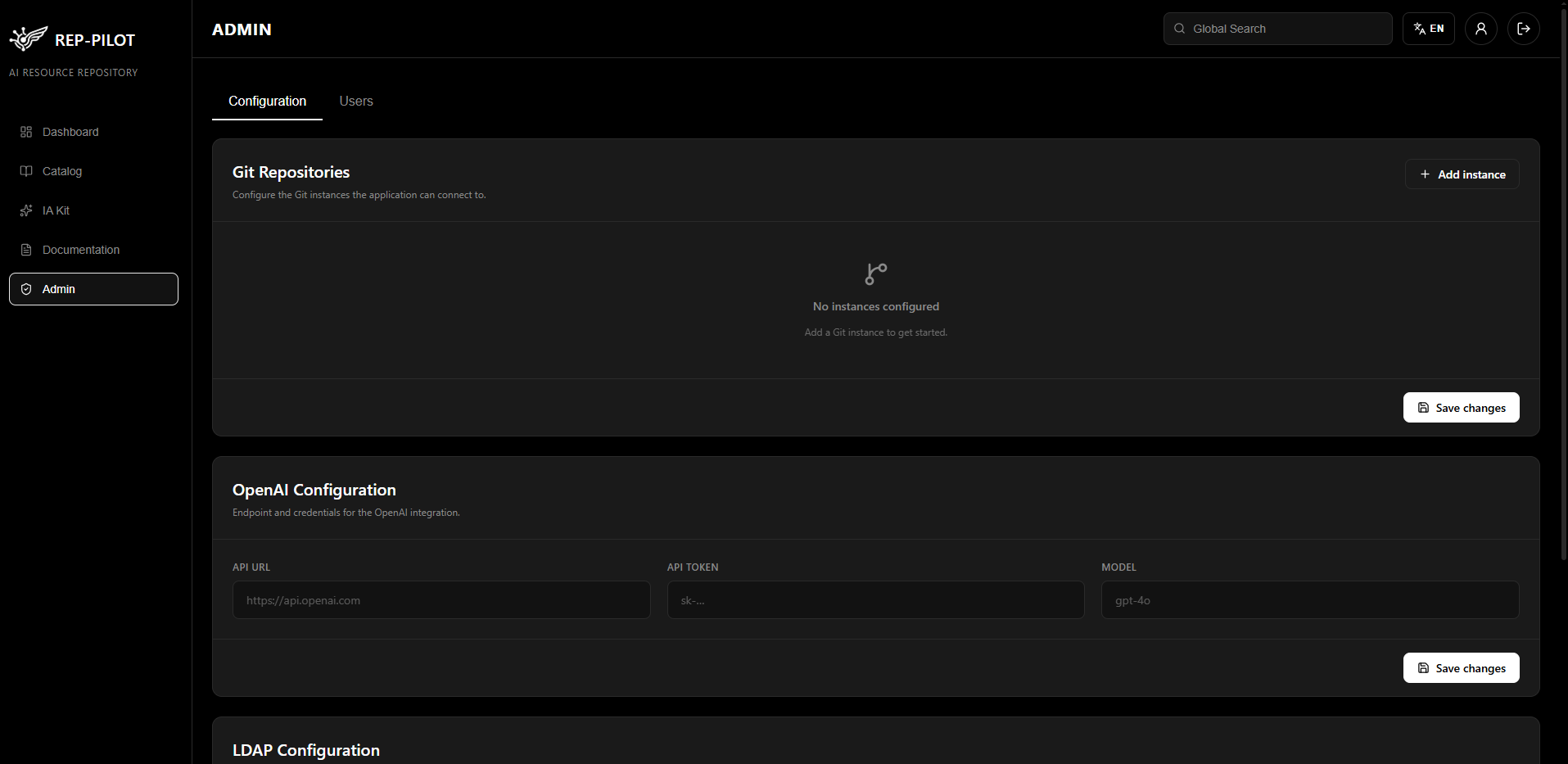 Admin panel with tabs