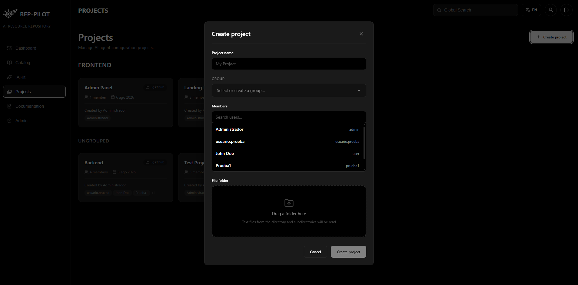 Creating a project with members and a source folder