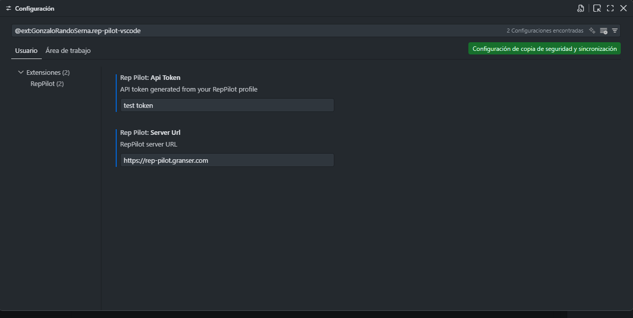 RepPilot extension settings in VS Code