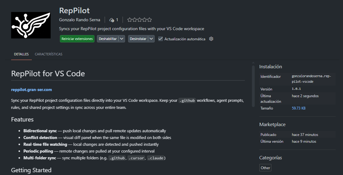 RepPilot extension listing in Visual Studio Code