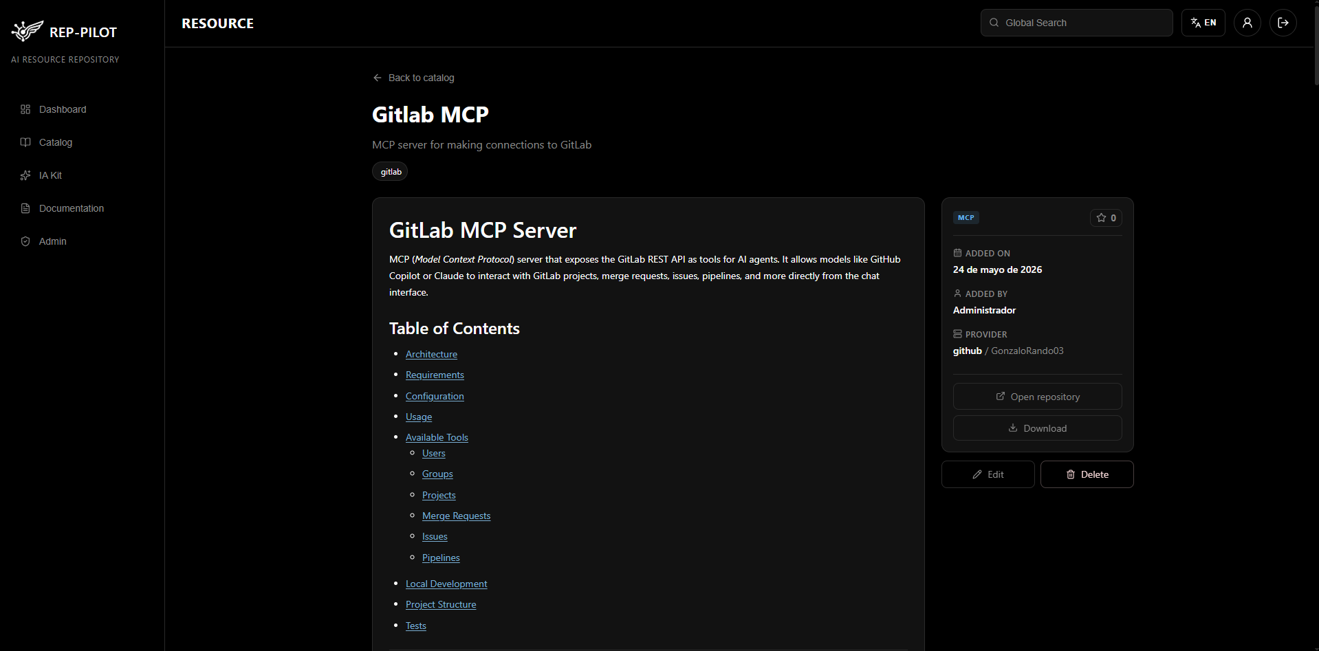 Resource detail view with Markdown and metadata
