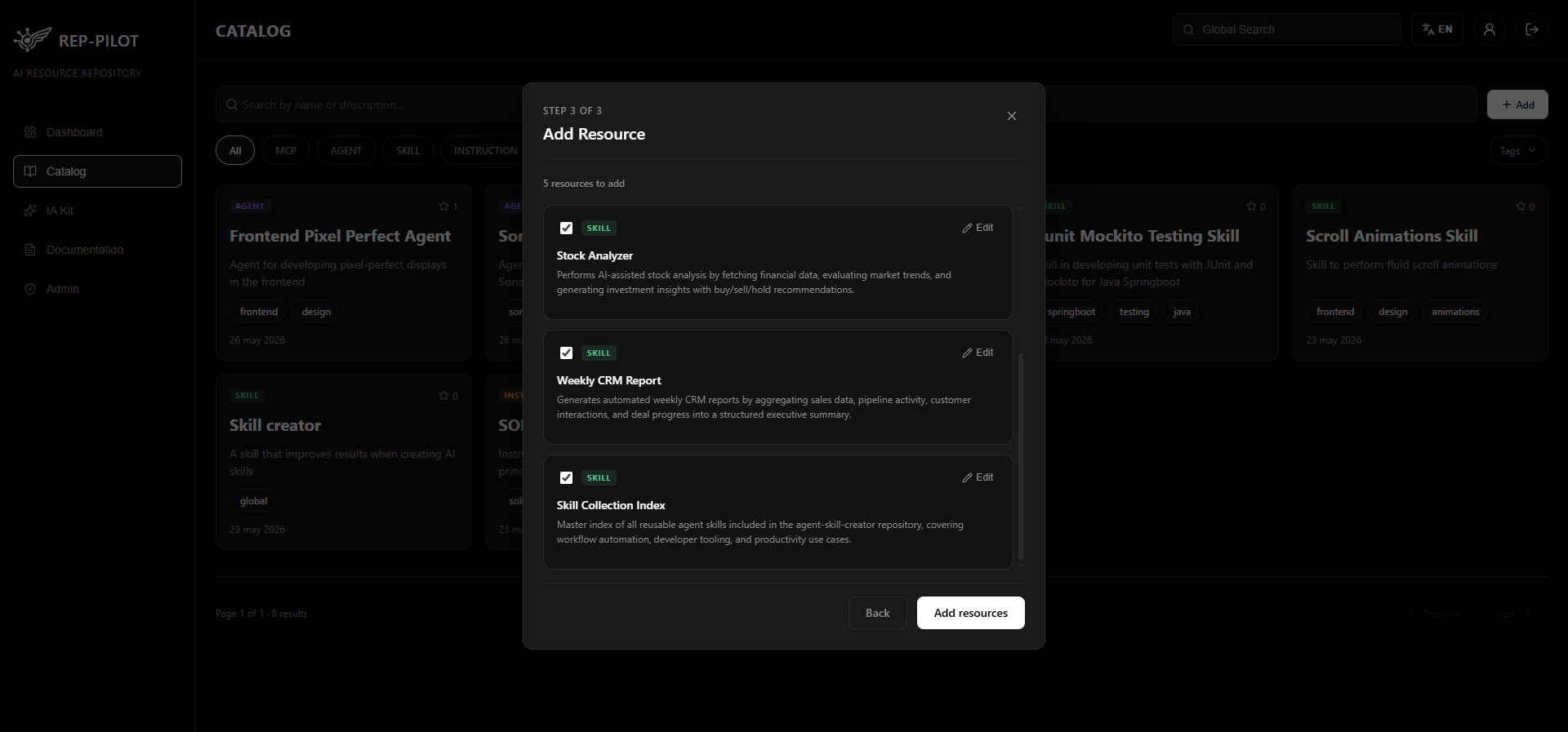Step 2: selecting and editing detected resources
