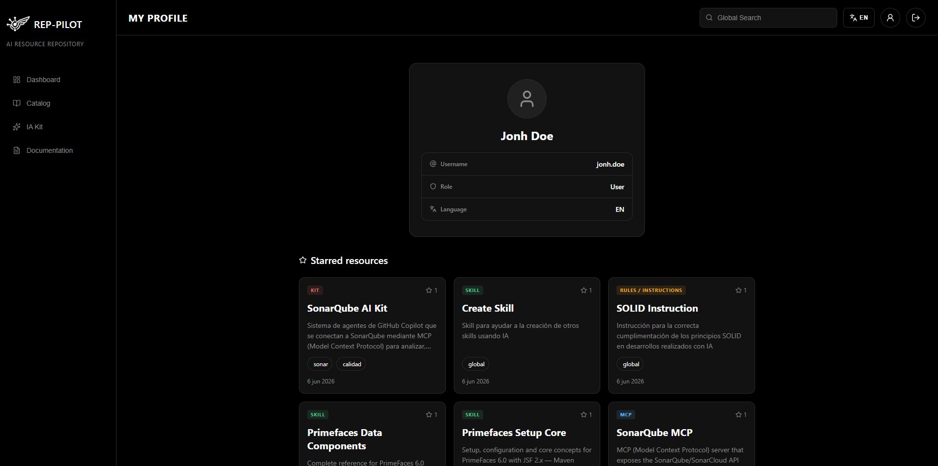 User profile with favorites and account details
